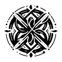 Intricate Black and White Ornamental Mandala Featuring Geometric Shapes, Floral Elements, and Dot Accents, Centered on a Clean White Background. vector