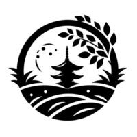 A serene black and white Japanese landscape emblem featuring a pagoda, moon, tree within a circular frame. vector