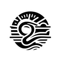 Stylized Silhouette of Sun, Sea, and Serpentine Form in a Circular, Geometric Composition, Depicting an Abstract Coastal Landscape. vector