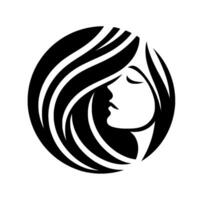 Elegant Black and White Circle Composition Silhouette of a Woman with Flowing Hair, Capturing Serenity and Grace in a Minimalist Style. vector