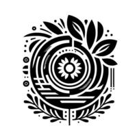 Intricate Black and White Floral Featuring Concentric Circles, Leaf Motifs, and Geometric Accents on White Background. vector