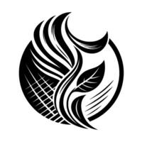 Stylized black and white natureinspired emblem depicting leaves, intricate lines, and a flowing within a circular frame. vector