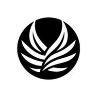 A stark, minimalist featuring a stylized, symmetrical of white leaves or feathers within a black circle, set against a bright white background. vector