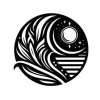 A stylized black and white circular composition featuring celestial and natural elements, sun, moon, stars, water, and organic patterns. vector