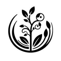 Elegant black and white stylized illustration of a plant with leaves, tendrils, and a circular , exuding simplicity and nature. vector