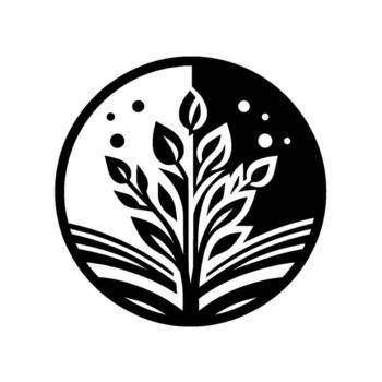 A symmetrical, minimalist depicting a stylized plant within a circle, split between black and white, with floating dots accentuating the . vector