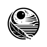 A stylized black and white illustration, circular in shape, featuring a feather, sun, birds, and layered landscape elements, suggesting harmony. vector