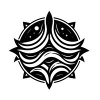 Intricate Black and White Cosmic Emblem A symmetrical featuring stylized waves, celestial elements within a circular frame, and pointed outer accents. vector