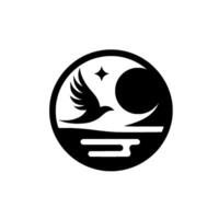 Black and white circular featuring a stylized bird in flight, set against a moonlit sky, with a star, and a minimalist water element. vector