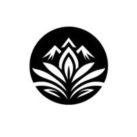 A stylized black and white depicting a lotus flower base with mountain peaks enclosed in a textured black circle, set against a plain white background. vector