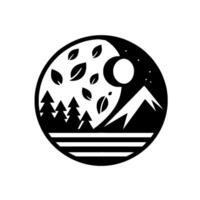 A circular, stylized black and white nature illustration featuring pine trees, mountains, a moon with stars, falling leaves, and layered horizontal lines depicting water. vector