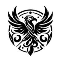 Majestic black and white emblem featuring a stylized eagle with outstretched wings, holding crossed spears, set in a decorative circular frame. vector