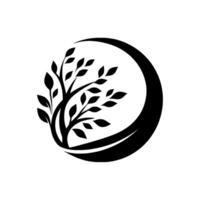 Abstract Black Silhouette of a Branching Tree with Leaves Enclosed Within a Crescent Moon Shape on a White Background, Suggesting Growth and Nature. vector