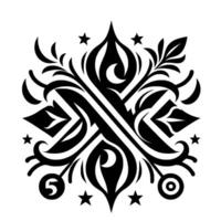 Symmetrical Black and White Decorative Ornamental with Floral and Geometric Elements, Stars, and a vector