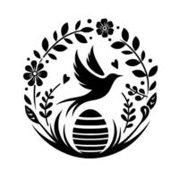Silhouette of a soaring bird over an Easter egg, framed by floral branches and hearts, a monochrome, minimalist evoking springtime joy. vector