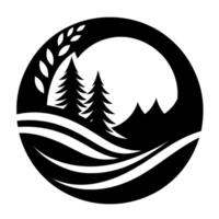 A minimalist black and white circular featuring two stylized evergreen trees nestled amidst rolling hills and mountains, accented by wheat. vector