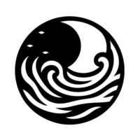 A stylized black and white circular emblem depicting a crescent moon embraced by curling waves with minimalist stars or droplets, symbolizing harmony. vector