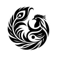 Black and White Yin Yang Phoenix A symmetrical, stylized bird representing balance, harmony, and rebirth, composed in a circular format. vector