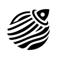 A stylized, monochromatic featuring a rocket ship element integrated into a curved striped orb, against a clean white background, symbolizing movement and innovation. vector