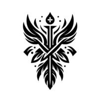 Bold, symmetrical black and white emblem featuring stylized wings and a central staff topped with a cross and teardrop detail, set against a pure white background. vector