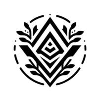 Black and white geometric emblem with symmetrical diamond and leaf elements within a circular frame, minimalist . vector
