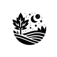 A stylized black and white illustration of a night scene inside a circle. Featuring a tree with large leaves, rolling hills, stars, a crescent moon, and cross. vector