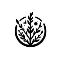 Stylized black and white naturethemed featuring a treelike structure within a circle, with a butterfly, dots, and a moon. vector