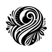 Intricate black and white swirling pattern forming a circular , featuring floral elements, a moonlike sphere, and stylized wave patterns. vector