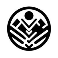 Abstract geometric symbol of a person within a circle, black and white minimalist with sharp angles and smooth curves. vector