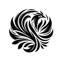 A striking, minimalist black and white featuring a stylized phoenix, composed of flowing, elegant lines forming a circular composition against a stark white backdrop. vector
