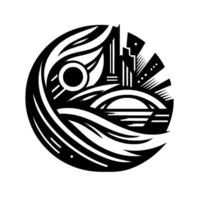 A minimalist black and white geometric composition within a circle, depicting a cityscape with flowing lines, abstract elements, and an overall sense of modern and structure. vector