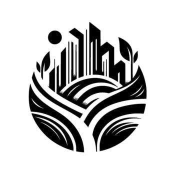 Stylized Black and White City Skyscrapers Emerging from Rolling Fields Enclosed in Circular Frame, with Sun and Foliage. vector