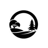 Black and white minimalist landscape emblem featuring a tree and a conifer within a circular frame, symbolizing nature and tranquility. vector