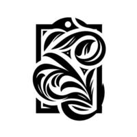 Intricate Black and White Floral Ornament Framed Within a Rounded Rectangle, with Curved Lines and Symbolic Triangles. vector