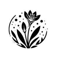 A minimalist black and white botanical illustration featuring a stylized flower, bud, and leaves within a circular frame adorned with dotted accents on a white background. vector