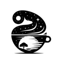 A minimalist coffee cup , with a stylized silhouette featuring a tree on a horizon within the cup, and a starry sky above. vector