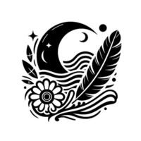 Celestial Serenity A Black and White Illustration Featuring a Moon, Feather, Flower, and Waves in a Symbolic and Ornamental Composition. vector