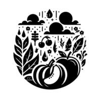 Stylized monochrome circular illustration depicting a bountiful harvest with apple, rain, clouds, cherries, leaves, and flowers in a minimalist style. vector