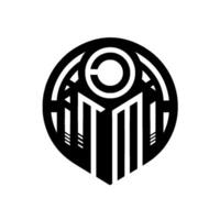 Abstract black and white geometric of a stylized figure with an eye symbol enclosed in a circle. vector