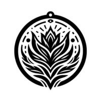 A stylized, minimalist black and white floral medallion , featuring a central, symmetrical lotuslike bloom within a circular frame adorned with geometric accents and a hanging loop. vector
