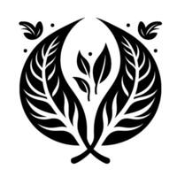 Symmetrical Black and White Botanical Illustration Featuring Stylized Leaves and Detailed Veins, on a White Background. vector