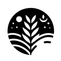 A minimalist circular emblem, featuring a wheat stalk centered against a night sky with a moon, stars and rolling hills, creating a blend of nature. vector
