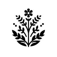 A stylized, minimalist black and white floral illustration featuring a central flower, symmetrical foliage, and dot accents, all arranged on a pristine white background. vector