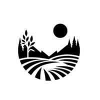 A stylized black and white rural landscape inside a circle, featuring fields, trees, mountains, and a sun. vector