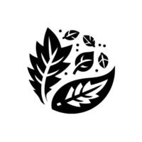A stylized black and white illustration featuring a collection of leaves, arranged in a circular composition with scattered dots, evoking freshness and organic patterns. vector