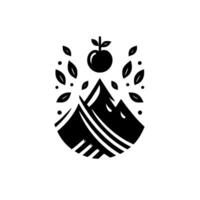 Stylized Black and White Mountains, Apple, Leaves and Dots, Representing Natures Harmony and Growth, Set in a Circular Composition. vector