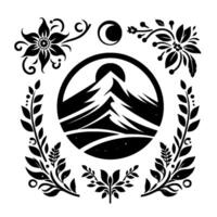A symmetrical black and white stylized illustration depicting a mountain scene within a circle, flanked by floral and botanical elements, evoking natures tranquility. vector
