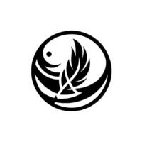 Simplified Black and White Stylized Feather and Curve within a Circle, Minimalist Aesthetic. vector