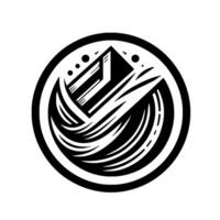 Stylized Abstract Mountain and River Symbol within a Circular Frame, Black and White Art Deco . vector