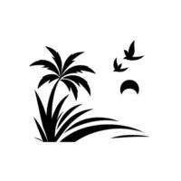 Minimalist Black and White Beach Scene Palm Tree Silhouette with Flying Birds and Crescent Moon. vector